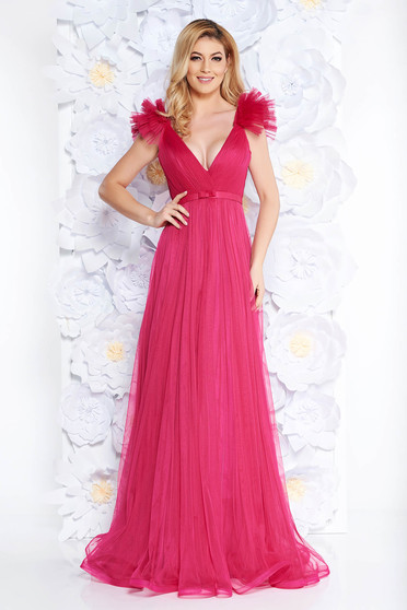 Rochie Ana Radu fuchsia de lux cu decolteu adanc din tul captusita pe interior cu bust buretat