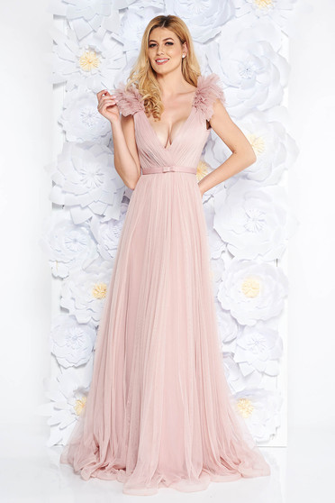 Rochie Ana Radu rosa de lux cu decolteu adanc din tul captusita pe interior cu bust buretat