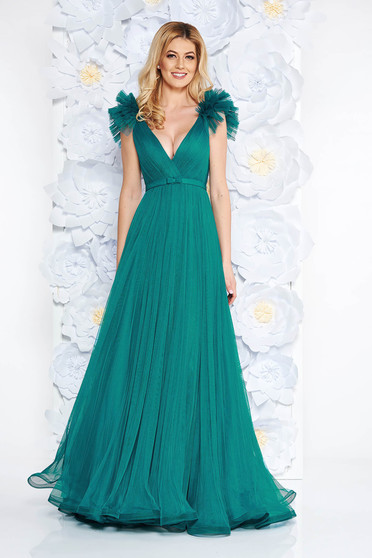 Rochie Ana Radu verde de lux cu decolteu adanc din tul captusita pe interior cu bust buretat