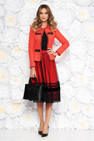 Compleu LaDonna corai elegant din bumbac neelastic captusit pe interior cu sacou cambrat si fusta