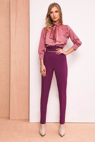 Pantaloni PrettyGirl mov eleganti cu talie inalta din stofa usor elastica cu aplicatii metalice aurii