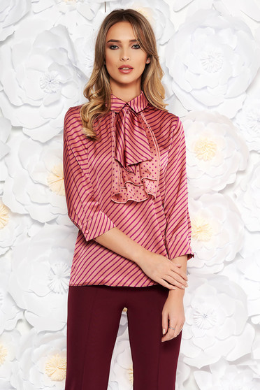 Bluza dama PrettyGirl mov eleganta cu croi larg din material satinat cu guler tip esarfa