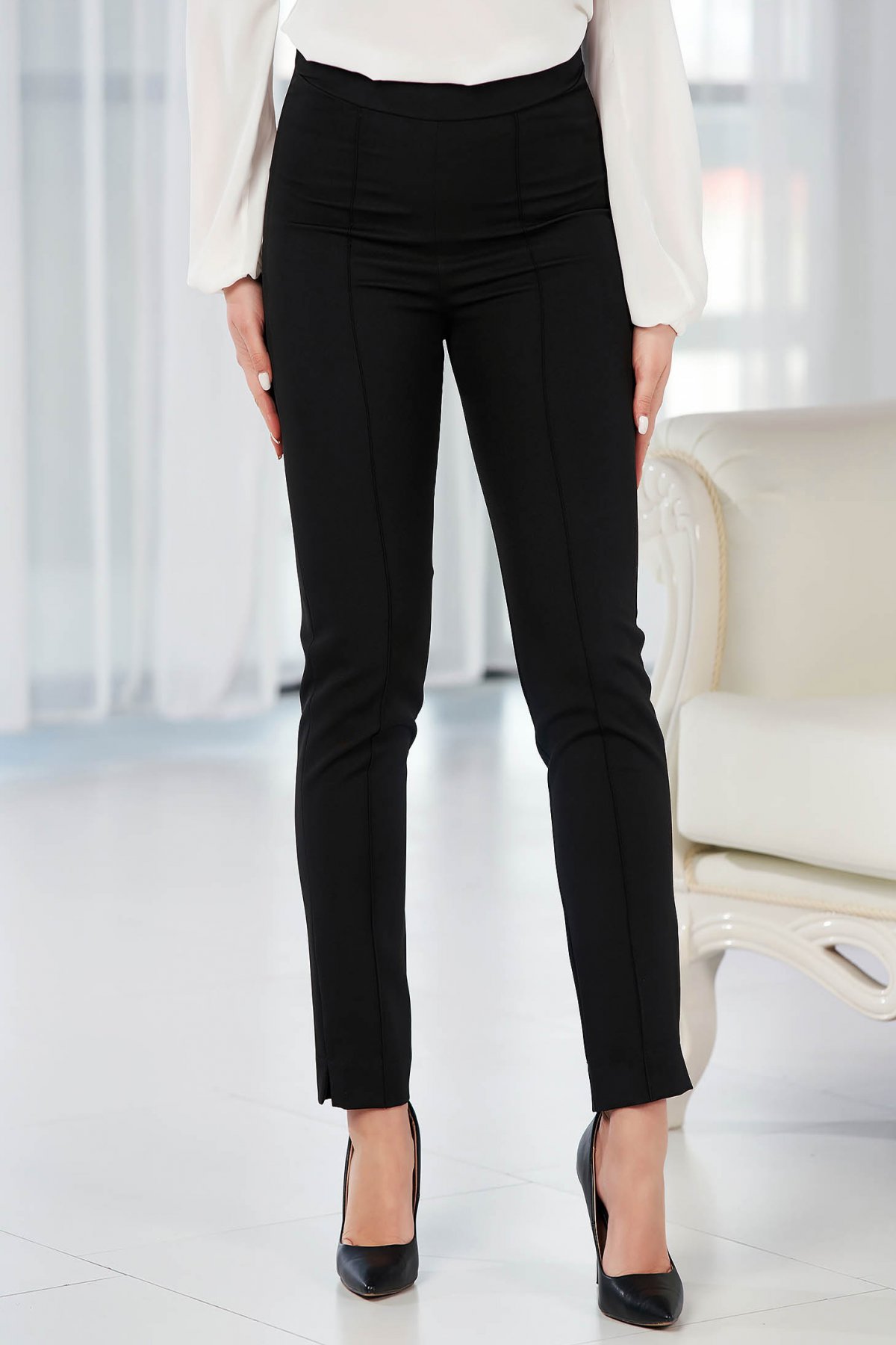 Pantaloni StarShinerS negri eleganti office cu talie inalta din material usor elastic cu buzunare