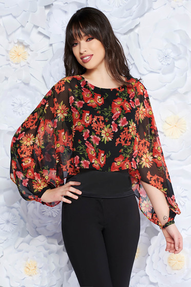 Bluza dama StarShinerS neagra eleganta din material vaporos si transparent captusita pe interior cu imprimeuri florale