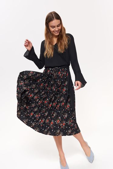 Fusta Top Secret neagra casual in clos cu talie inalta cu imprimeuri florale