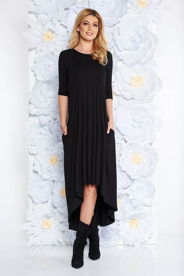 Rochie neagra de zi asimetrica cu croi larg din material elastic cu maneci trei-sferturi