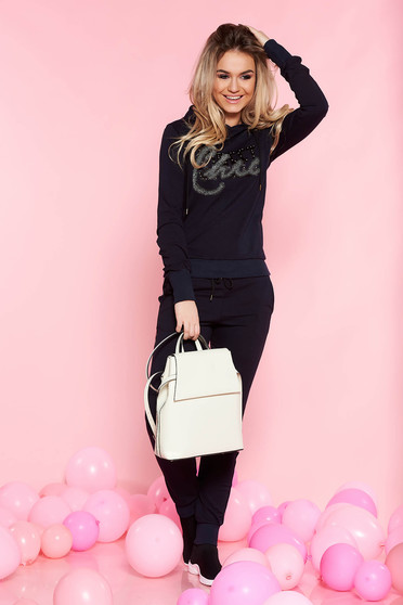 Set SunShine albastru-inchis casual cu elastic in talie din bumbac usor elastic cu aplicatii cu pietre strass