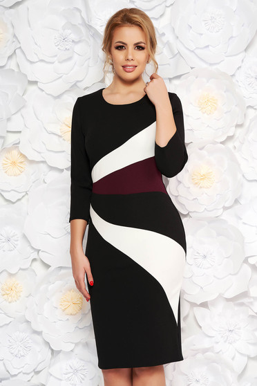 Rochie neagra office midi tip creion din material usor elastic cu maneci trei-sferturi