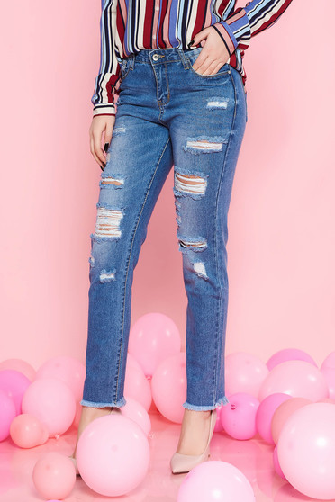 Blugi SunShine albastri casual cu talie medie din bumbac cu rupturi cu buzunare