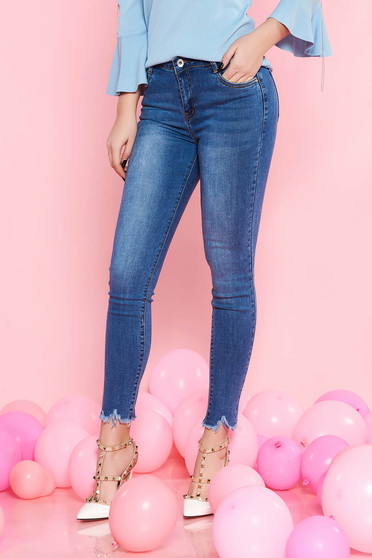 Blugi SunShine albastri casual skinny cu talie inalta din bumbac elastic cu buzunare