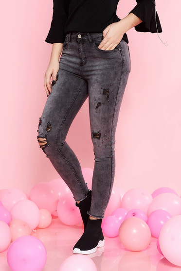Blugi SunShine gri inchis casual skinny din bumbac cu aplicatii cu margele si buzunare
