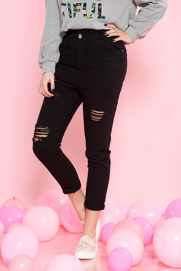 Blugi SunShine negri casual cu talie inalta din bumbac cu rupturi cu buzunare