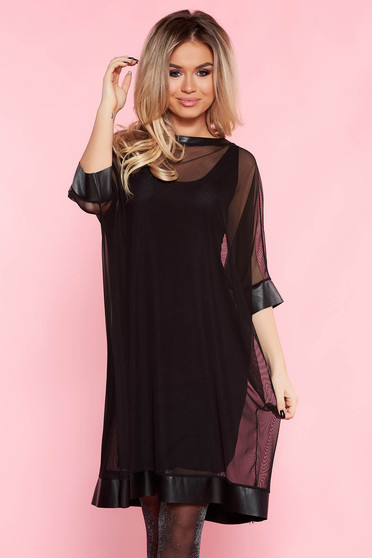 Rochie SunShine neagra de party cu croi larg din tul captusita pe interior cu aplicatii din piele ecologica