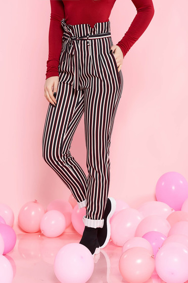 Pantaloni SunShine albe casual cu talie inalta din material usor elastic accesorizati cu cordon si buzunare