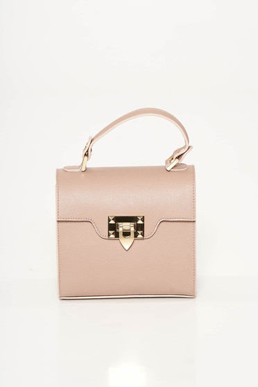 Geanta dama rosa casual din piele naturala accesorizata cu o catarama metalica