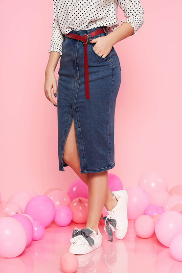 Fusta Top Secret albastra casual midi cu talie inalta din bumbac elastic cu buzunare