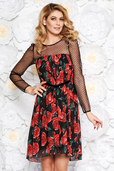 Rochie neagra de ocazie cu croi larg din voal captusita pe interior cu imprimeuri florale
