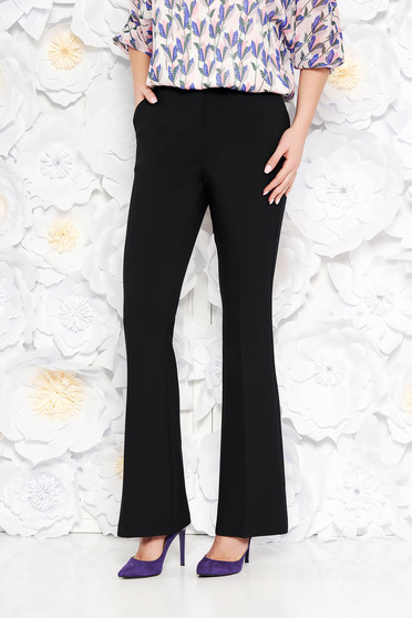Pantaloni StarShinerS negri evazati cu talie medie din stofa usor elastica cu buzunare