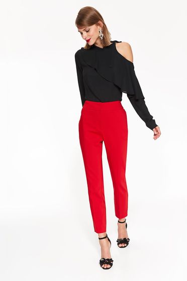 Pantaloni Top Secret rosii office conici cu talie medie din bumbac usor elastic cu buzunare