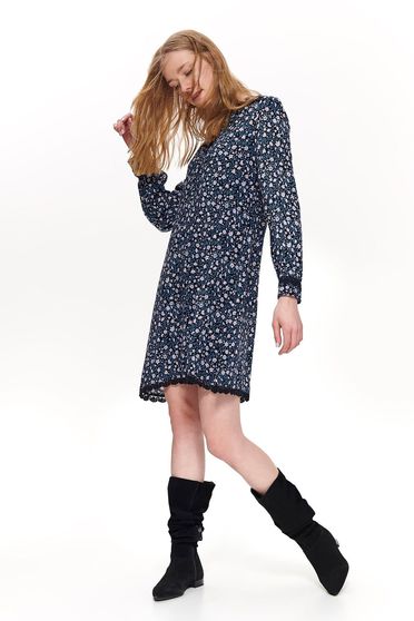 Rochie Top Secret albastra-inchis de zi cu croi larg din material subtire cu imprimeuri florale