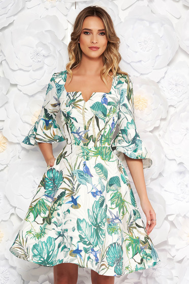Rochie StarShinerS verde de zi midi in clos din material fin la atingere cu imprimeuri florale