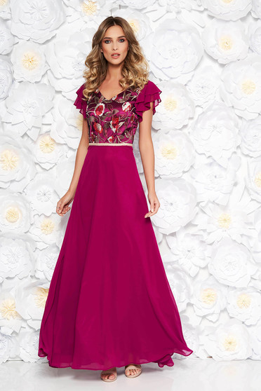 Rochie mov de ocazie lunga in clos din voal cu bust buretat cu insertii de broderie