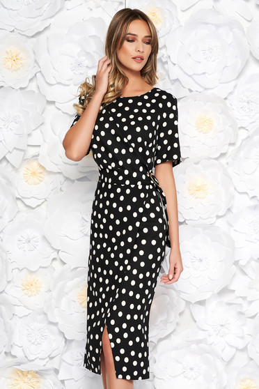 Rochie neagra office midi tip creion din stofa elastica subtire cu buline cu accesoriu metalic
