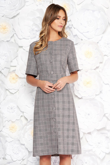 Rochie gri de zi midi cu croi larg din stofa neelastica in carouri cu buzunare