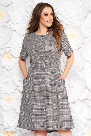 Rochie gri de zi midi cu croi in a din stofa neelastica in carouri cu buzunare