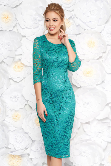 Rochie verde de ocazie tip creion cu maneca 3/4 din dantela captusita pe interior