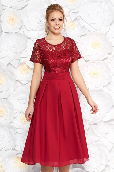 Rochie visinie de ocazie midi in clos din stofa usor elastica si dantela captusita pe interior cu spatele decupat