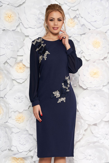 Rochie albastra-inchis eleganta midi tip creion din scuba si voal captusita pe interior