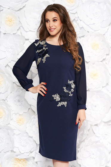 Rochie albastra-inchis eleganta midi tip creion din scuba si voal captusita pe interior