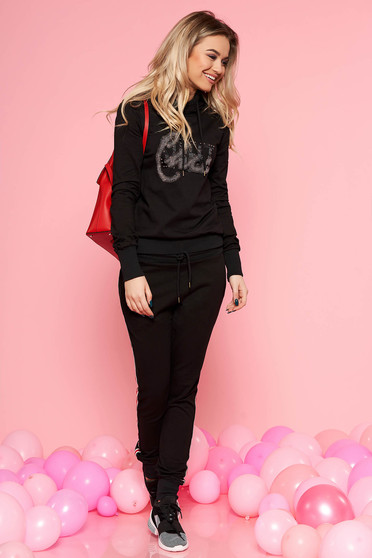 Set SunShine negru casual cu elastic in talie din bumbac usor elastic cu aplicatii cu pietre strass