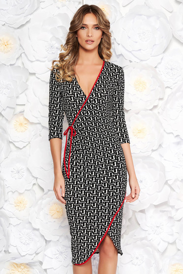 Rochie StarShinerS alba office petrecuta cu un croi mulat din material usor elastic cu decolteu in v