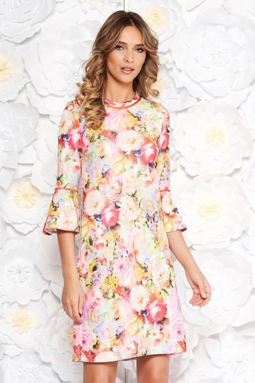 Rochie StarShinerS rosa office cu croi larg din material usor elastic cu maneci clopot