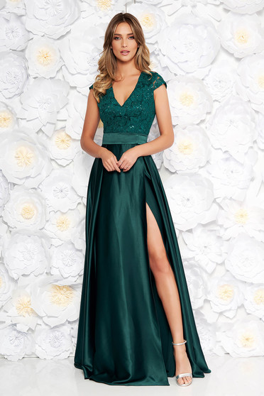 Rochie Artista verde-inchis de ocazie in clos cu decolteu in v din material satinat din dantela cu bust buretat