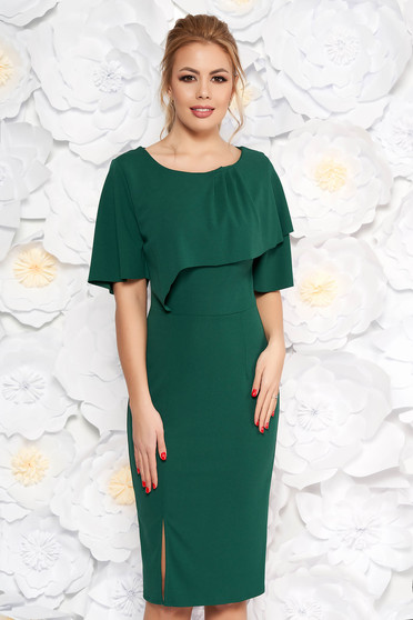 Rochie verde-inchis de zi tip creion din material elastic cu un croi mulat cu maneca scurta
