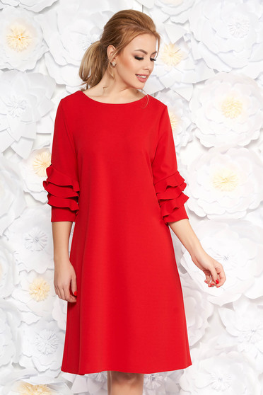 Rochie rosie eleganta cu croi larg din material usor elastic cu volanase la maneca
