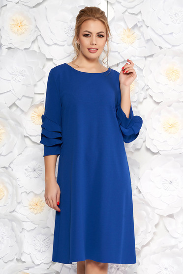 Rochie albastra eleganta cu croi larg din material usor elastic cu volanase la maneca