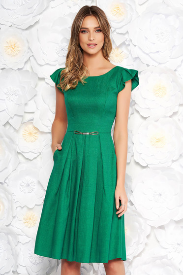 Rochie verde de zi in clos din stofa neelastica cu buzunare cu maneci scurte