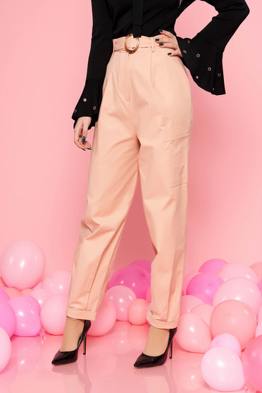 Pantaloni StarShinerS piersica casual cu talie inalta din bumbac usor elastic accesorizata cu curea cu catarama si buzunare
