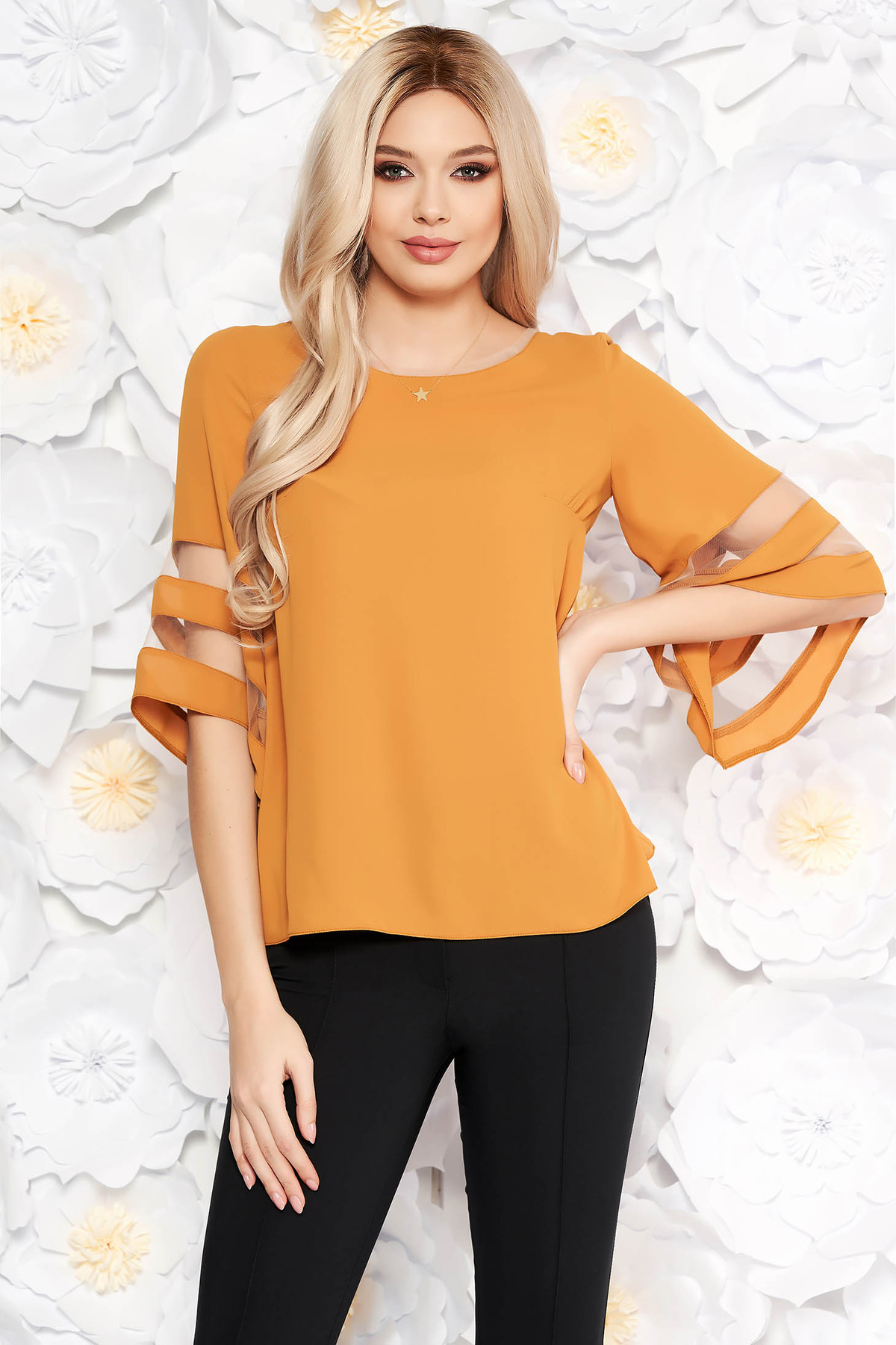 Bluza dama mustarie eleganta cu croi larg din material vaporos cu maneci clopot