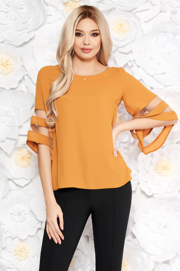 Bluza dama mustarie eleganta cu croi larg din material vaporos cu maneci clopot