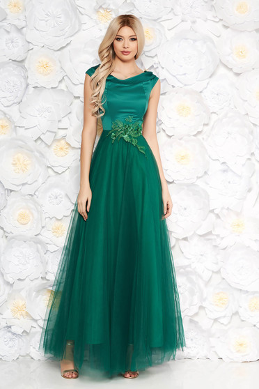 Rochie Artista verde-inchis de ocazie din tul si material satinat cu aplicatii de dantela cu perle captusita pe interior