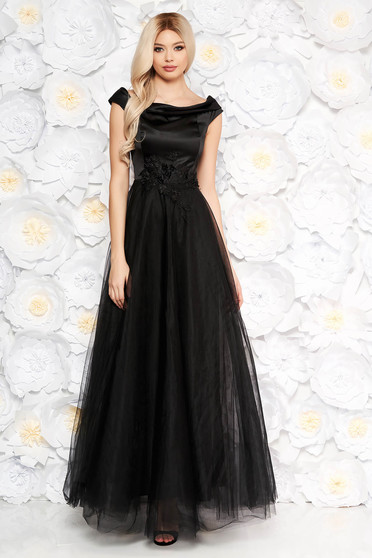 Rochie Artista neagra de ocazie din tul si material satinat cu aplicatii de dantela cu perle captusita pe interior