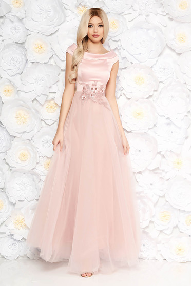 Rochie Artista rosa de ocazie din tul si material satinat cu aplicatii de dantela cu perle captusita pe interior