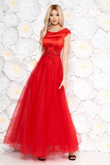 Rochie Artista rosie de ocazie din tul si material satinat cu aplicatii de dantela cu perle captusita pe interior