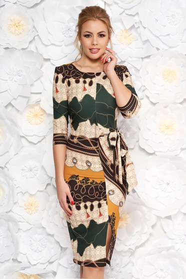 Rochie LaDonna verde-inchis office tip creion din material usor elastic cu imprimeu