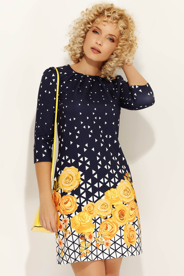 Rochie Fofy mustarie de zi cu croi in A din material fin la atingere cu imprimeuri florale